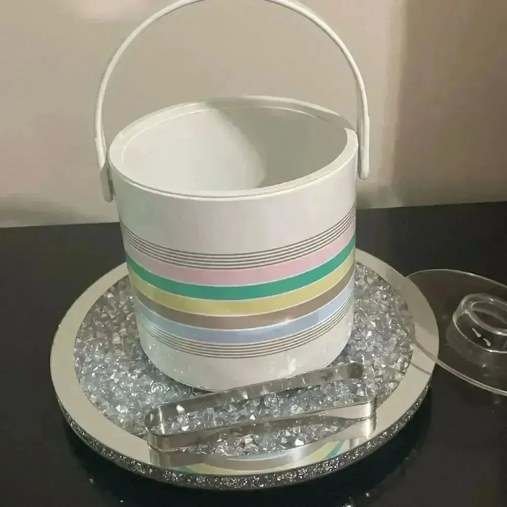 Phoenix vintage 1980s pastel striped insulated ice bucket with metal tongs